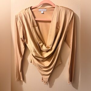 Beige Draped Cowl-Neck Long Sleeve Bodysuit
